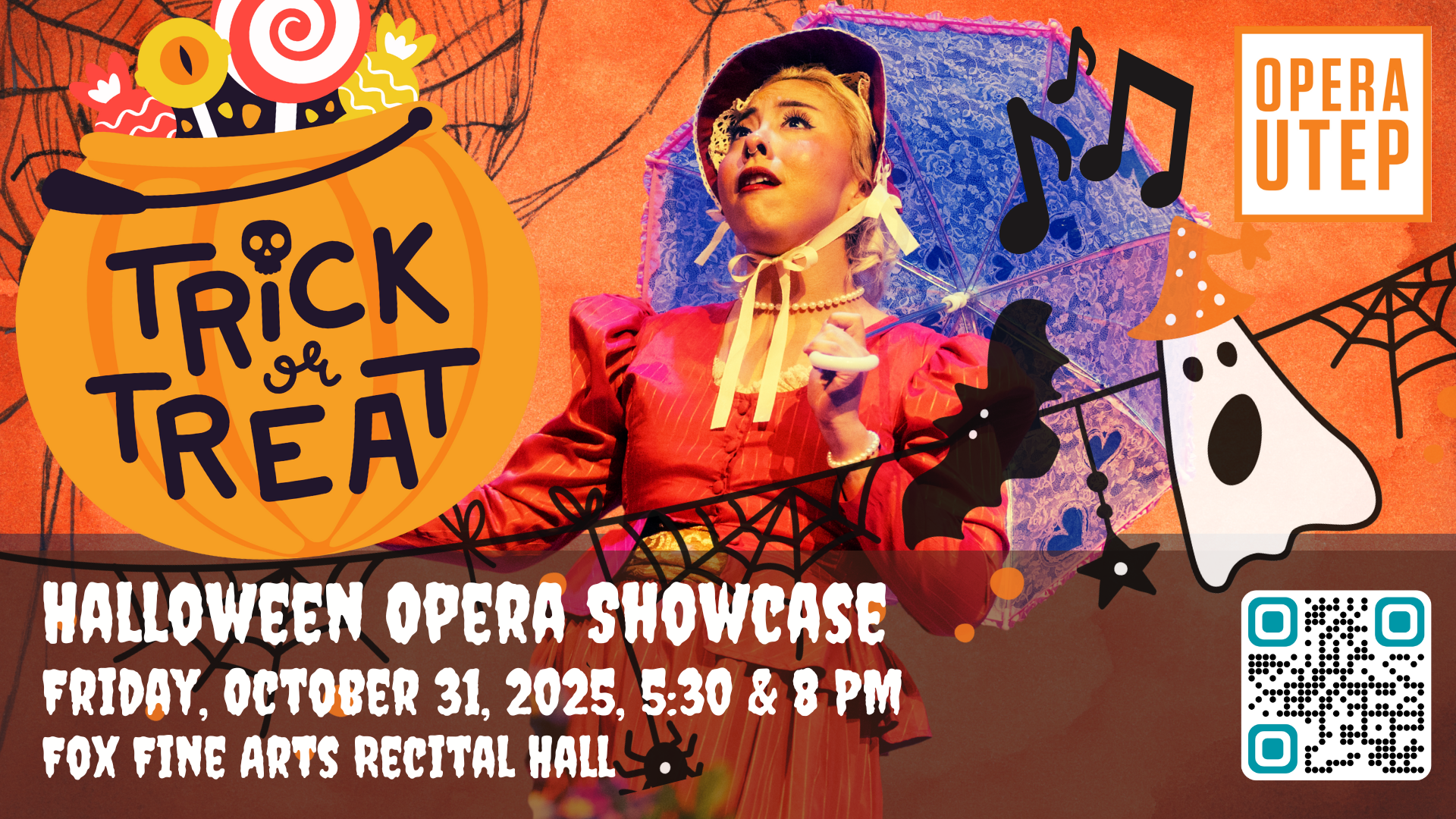 Orange background with woman in bonnet with umbrella. Halloween decorations surround her.