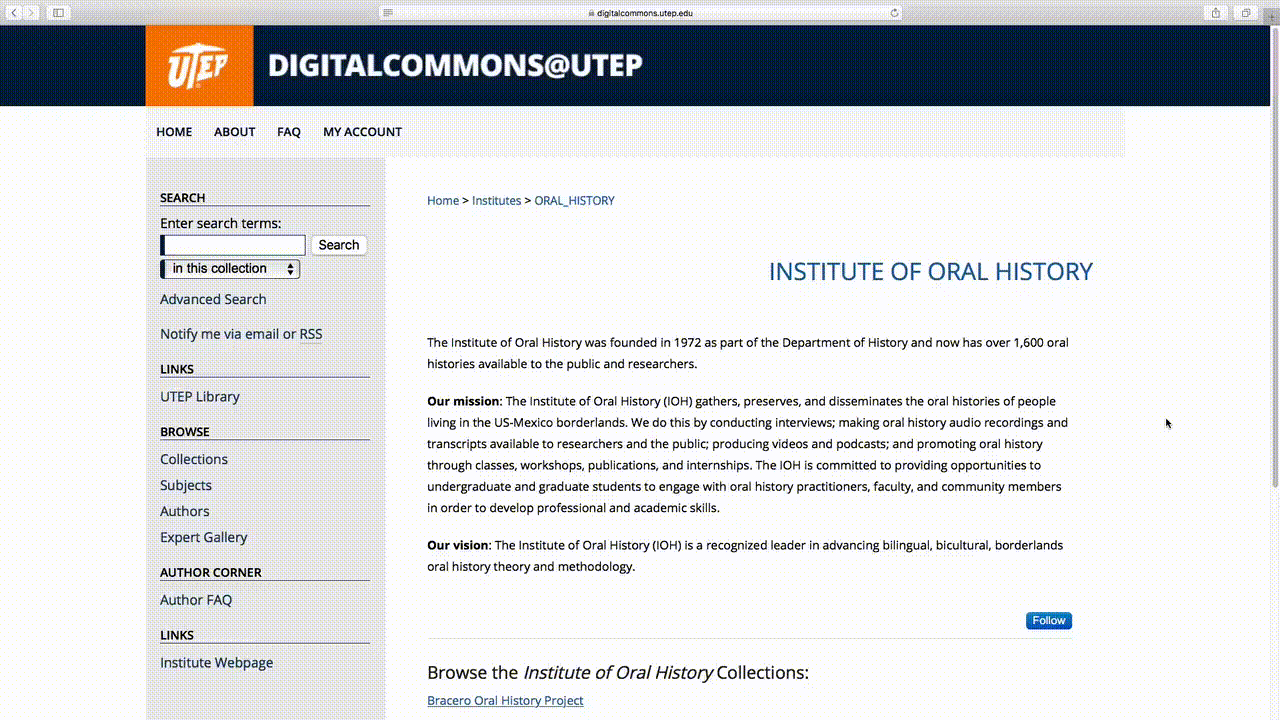 Scrolling down through DigitalCommons@UTEP webpage and clicking Bracero Oral History Project to access Interview no. 1475.