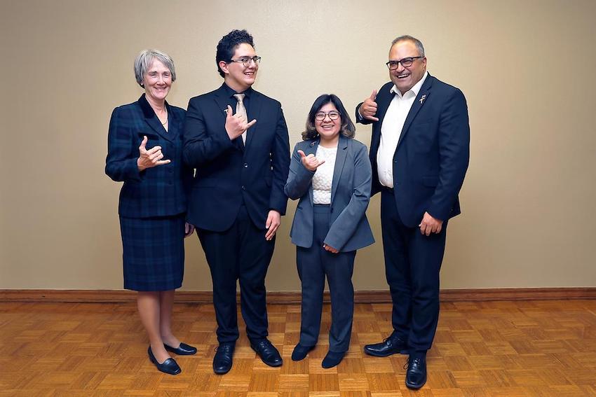 UTEP President Heather Wilson, left, Hawkins Scholars Christian Samuel Ramirez and Frida D. Garcia Ledezma, along with Richard Hyde, Hawkins Scholarship committee chair and His Majesty’s Consul General of the United Kingdom in Houston, pose for a photo the evening of Nov. 29, 2022, when the recipients of the annual Hawkins Scholarship were named in Union Building East. Photo by Laura Trejo / UTEP Marketing and Communications 