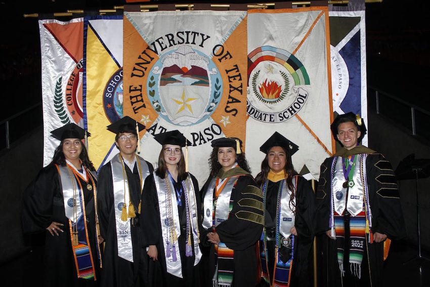 UTEP nursing, pharmacy, health sciences and graduate school banner bearers ushered hundreds of health professions graduates into the Don Haskins Center for the 1 p.m. Commencement Ceremony on May 14, 2022. Photo courtesy of Alberto Silva Fernandez. 