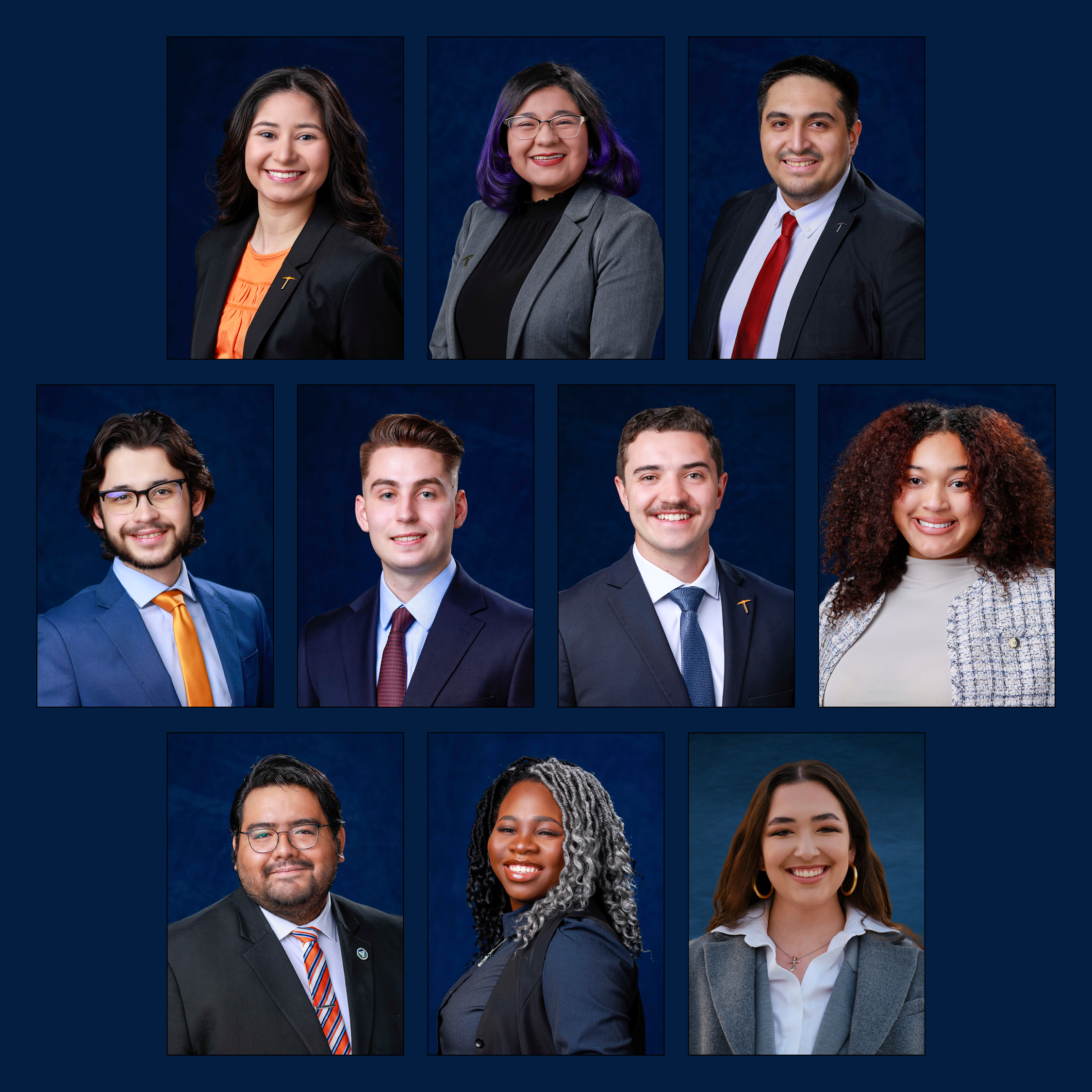 The Top Ten Seniors Awards are presented annually by The University of Texas at El Paso Alumni Association to a group of outstanding future alumni. Top row from left: Kennedy Trevino, Frida Garcia-Ledezma and Brian Rodiles Delgado. Middle row from left: Zachary Althoff, Benjamin Shipkey, Maximilian Rothblatt and Amira Williams. Bottom row from left: Michael Gutierrez, Abeni Merriweather and Zoe Andritsos.  