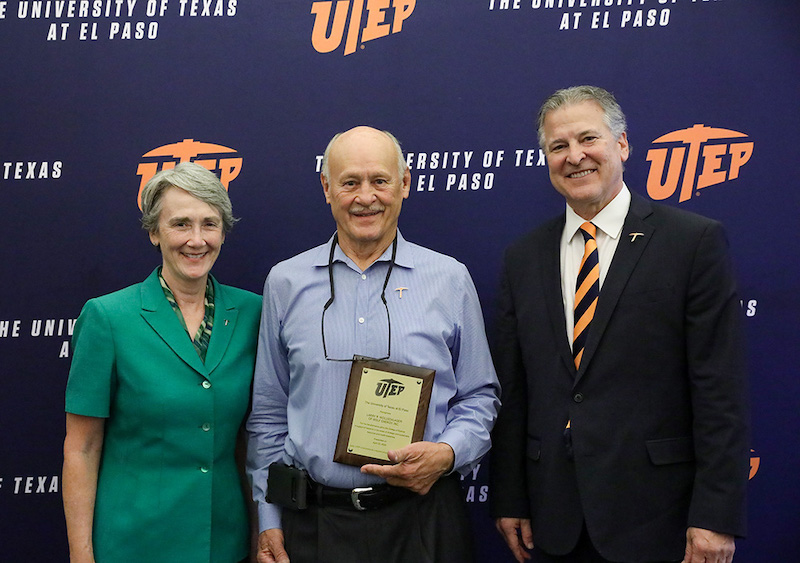 A $3 million gift from UTEP alumnus Larry Wollschlager (center) to the UTEP College of Science will fund research in sustainable resources and health disparities. He is pictured with UTEP President Heather Wilson (left) and College of Science Dean Robert Kirken, Ph.D. (right). Photo by JR Hernandez / UTEP Marketing and Communications 