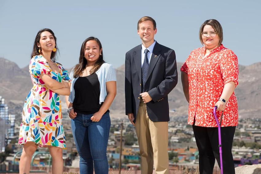 From left to right: Former and current graduate research assistants Brittany Ochoa and Karen Kwon; Assistant Professor Jason Mallonee, D.S.W.; and graduate research assistant Rosa Escalante Lopez. Ciudad Juárez is in the background.  