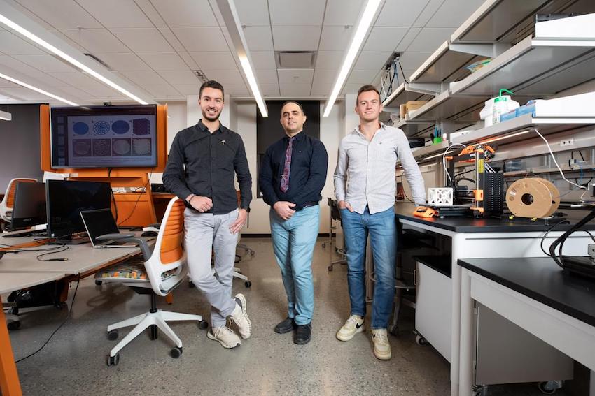 From left to right: Alexis Maurel, Ph.D.; Mahyar Khorasani, Ph.D.; and Victor Boudeville are all Fulbright fellows who conducted research with UTEP's College of Engineering this year. Their research focused on additive manufacturing and 3D printing. Maurel and Boudeville came to UTEP from France while Khorasani joined the University from Australia. Maurel and Boudeville's research seeks to transform the future of lithium-ion batteries through 3D printing while Khorsani continued his work with the Ford Motor Company using 3D printing to mass produce safety parts for the automotive industry. 