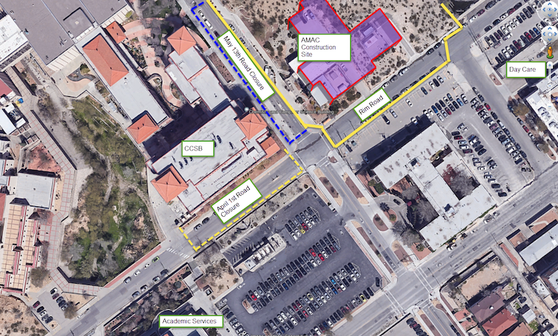 An upcoming road closure will have a significant impact on vehicle traffic and parking on the south side of campus. Beginning May 13, a portion of Hawthorne Street  in front of the Chemistry and Computer Science Building and the Engineering and Sciences Complex will be closed in order to allow utility work for UTEP's Advanced Manufacturing and Aerospace Center. 