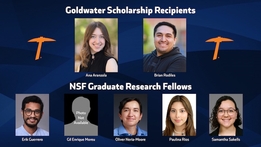 Seven current students and recent graduates have received two of the most highly competitive scholarship awards available to college students in the STEM (science, technology, engineering and mathematics) fields — the Goldwater Scholarship and the National Science Foundation (NSF) Graduate Research Fellowship. The Goldwater Scholarship was awarded to (from top left) Ana Paola Aranzola and Brian Rodiles Delgado. The National Science Foundation (NSF) Graduate Research Fellowship was awarded to (from bottom left) Erick Guerrero, Gil E. Moreu (not pictured), Oliver Neria-Moore, Paulina Rios, and Samantha Sakells. 