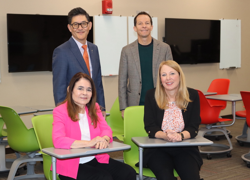 The University of Texas at El Paso’s College of Education received a grant of more than $1.5 million from the U.S. Department of Education to recruit and prepare a predominantly Hispanic teacher pipeline in the El Paso region to serve in high-need PK-12 school districts. The project is titled the Augustus F. Hawkins Center of Excellence in Hispanic Teacher Preparation at UTEP. The research team includes (clockwise from top left) Clifton Tanabe, Ph.D., J.D., dean of the college of education; Dan Heiman, Ph.D., assistant professor of bilingual education; Erika Mein, Ph.D., UTEP associate dean of educator preparation; Josie Tinajero, Ph.D., professor of bilingual education; and Alyse Hachey, Ph.D., co-chair of the department of teacher education (not pictured). 