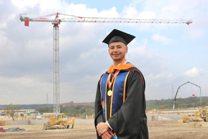 UTEP’s online Master of Science in Construction Management degree was ranked no. 2 by OnlineMastersDegrees.org. Isaac Garcia, a graduate of the program, poses in front of a construction site, where he will use his skills and knowledge gained from the program to advance his career. 