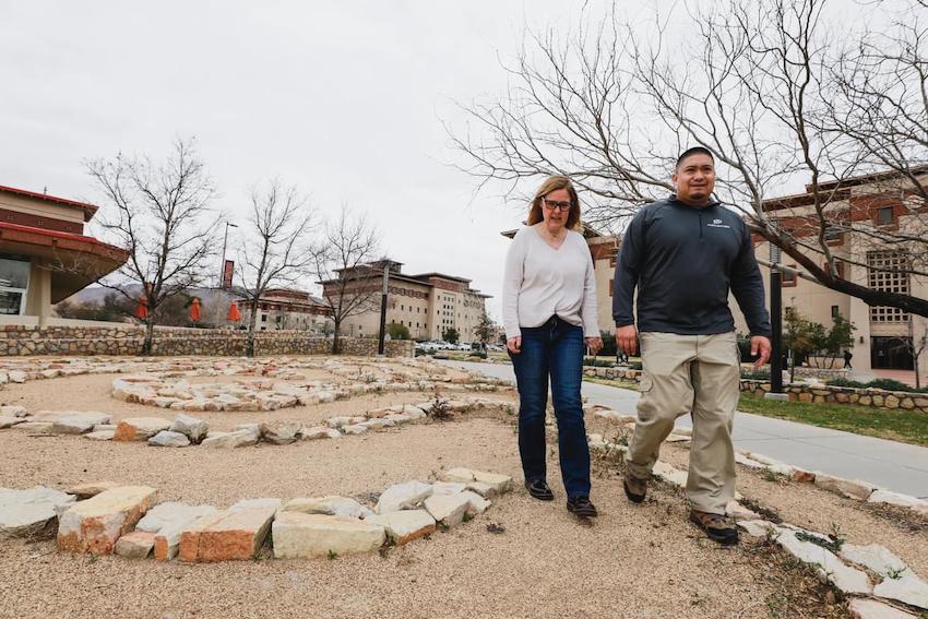 Jennifer Salinas, Ph.D., (left) the principal investigator on the clinical trial, and Roy Valenzuela (right), project manager for the clinical trial, walk on the UTEP campus. 
