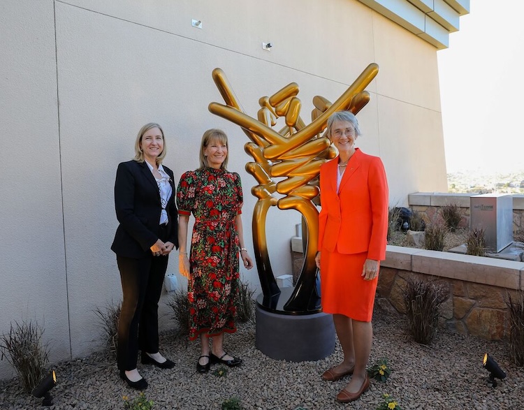 Tracy J. Yellen, CEO of the Paso del Norte Health Foundation; Amy Marcus, chair of the Paso del Norte Health Foundation board; and UTEP President Heather Wilson unveiled Health in Mind, Body and Spirit, a six-foot sculpture by artist Julio Sanchez De Alba, which symbolizes unity, collaboration and vision for a healthier region. The sculpture is located at the Health Sciences and Nursing Building  on the UTEP campus.  