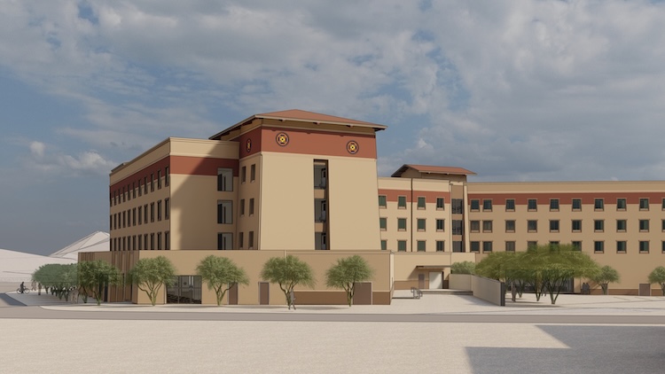 The University of Texas System Board of Regents have approved the creation of a new student housing complex at UTEP. Pictured: Preliminary sketch of the future complex, which will house 456 beds and include a fitness center, dining hall, lounges and study hall. Credit: Ayers Saint Gross 