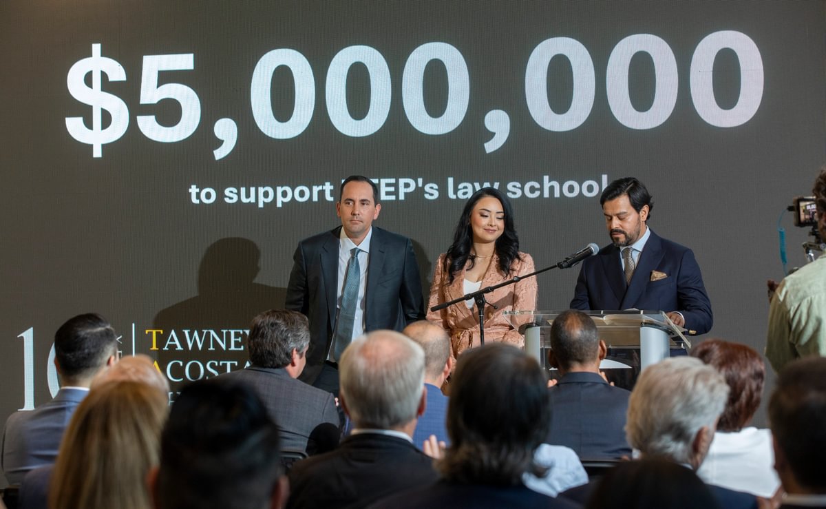 Tawney, Acosta & Chaparro, P.C. has committed $5 million to support efforts to establish a law school at The University of Texas at El Paso. The gift was announced today at a celebration with UTEP President Heather Wilson and partners James Tawney, Alejandro Acosta and Daisy Chaparro Cavazos. Pictured:  James Tawney, Daisy Chaparro Cavazo and Alejandro Acosta. 