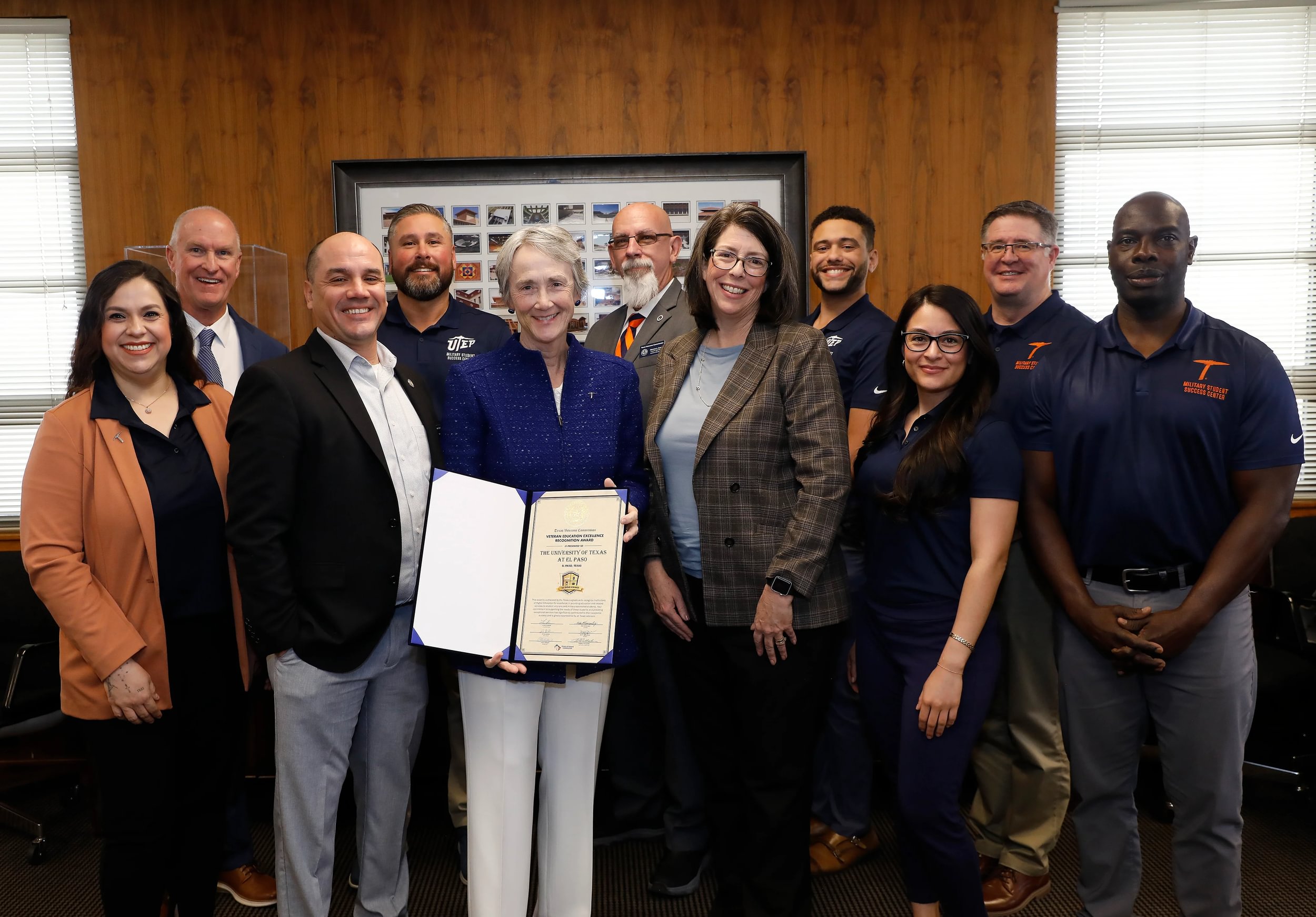 David Salgado (third from left), director of education for the Texas Veterans Commission, visited the UTEP campus in late January to present the 2025 gold Veterans Education Excellence Recognition Award to University President Heather Wilson. Wilson was joined by members of the university’s Military Student Success Center (MSSC) and other administrators. The award honors the work of the MSSC and the university’s comprehensive approach to serving veterans and their families.  