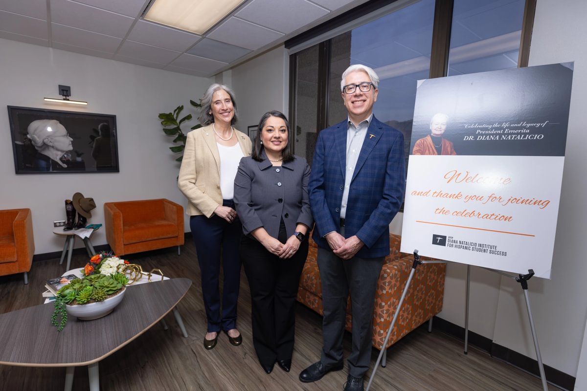 From left: Natalicio Institute Executive Director Anne-Marie Núñez, Ph.D., UT Regents’ Endowed Distinguished Director Azuri Gonzalez, Ed.D., and Natalicio Institute Project Director John Garza. 