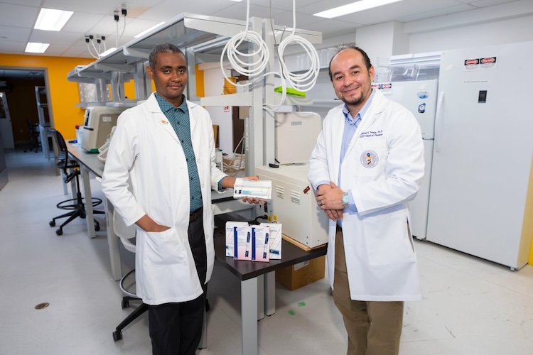 UTEP School of Pharmacy researchers Tadesse Abegaz, Ph.D., left, and Gabriel Frietze, Ph.D., right, have found significantly lower rates of alcohol, nicotine, opioid and cocaine use disorders found among patients taking GLP-1 medications. Their study looked at 142,000 cases of patients with type 2 diabetes or obesity, of which around 20,000 were prescribed GLP-1 medications. 