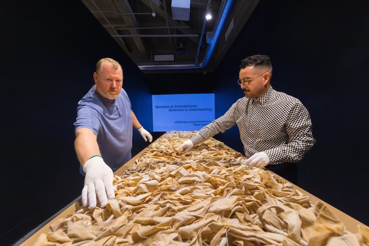 John Leo De Frank (left), assistant director of the Stanlee and Gerald Rubin Center for the Visual Arts at The University of Texas at El Paso, and Andres Payan Estrada (right), the center’s director, make adjustments to a piece in the center’s latest exhibition, Costuras Territoriales. Payan Estrada and De Frank were both appointed to their roles at the Rubin Center in summer 2026.  
