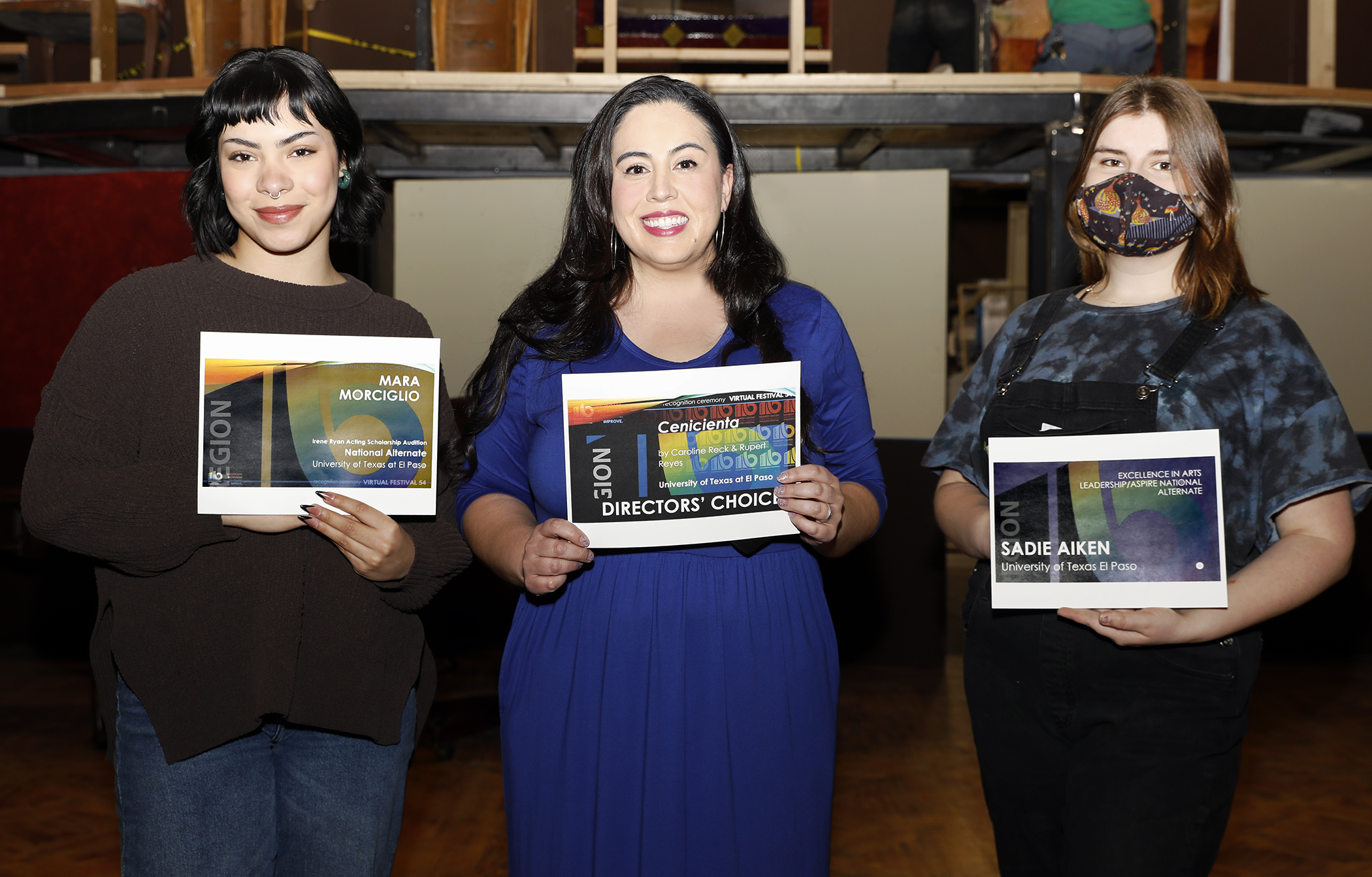 UTEP theatre students Mara Morciglio, left, and Sadie Aiken flank Adriana Dominguez, Ph.D., assistant professor of theatre. The trio earned awards at the recent Kennedy Center American College Theatre Festival. Photo: Laura Trejo / UTEP Marketing and Communications 