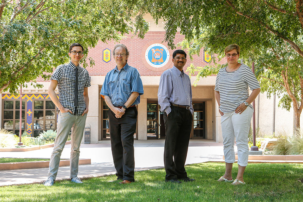 The University of Texas at El Paso will establish a new federally funded center focused on energy and biomaterials after being named a recipient of a National Science Foundation (NSF) award totaling nearly $4 million. The new Partnerships for Research and Education in Materials (PREM) Center for Advanced Materials Research — which will be run in collaboration with the University of California, Santa Barbara — will focus its research in two areas of materials science and involve various UTEP faculty members including, from left, Skye Fortier, Ph.D., assistant professor in the Department of Chemistry and Biochemistry; Thomas Boland, Ph.D., professor of metallurgical and materials engineering; Ramana Chintalapalle, Ph.D., professor of mechanical engineering and the new UTEP PREM center’s director; and Katja Michael, Ph.D., associate professor in the Department of Chemistry. Photo: J.R. Hernandez / UTEP Communications 
