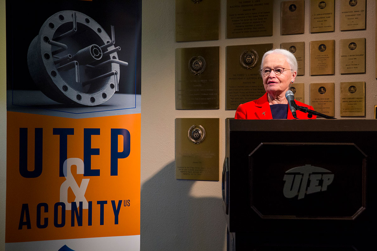 UTEP President Diana Natalicio speaks Tuesday, Aug. 7, 2018, outside the W.M. Keck Center for 3D Innovation to announce that the campus will be home to the North American operations of Aconity3D, one of the world's emerging technology leaders in production of 3D printing equipment. Photo: Ivan Pierre Aguirre / UTEP Communications 
