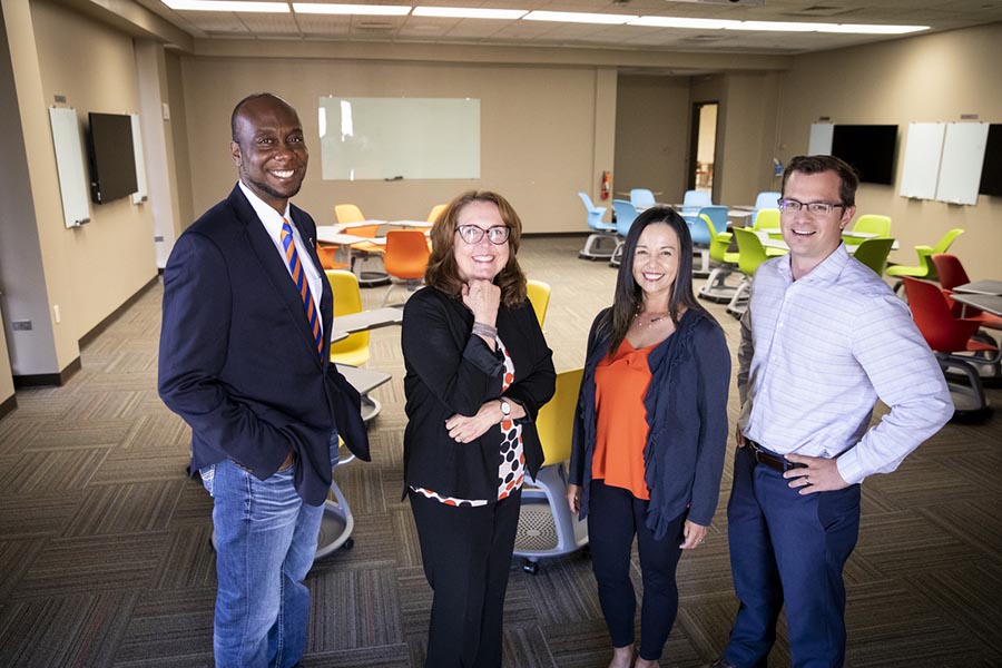 A quartet of educators from UTEP's Department of Educational Psychology and Special Services earned a $1.1 million grant from the U.S. Department of Education to finance the education of 48 individuals who want to become K-12 counselors or special education teachers, as well as to develop technology-enhanced curricula and methods for greater collaborations. The members of Project BLESSED are, from left, Carleton Brown, Beverley Argus-Calvo, Anjanette Todd and Kristopher Yeager. Brown and Yeager are the co-principal investigators. Photo: Ivan Pierre Aguirre / UTEP Marketing and Communications 
