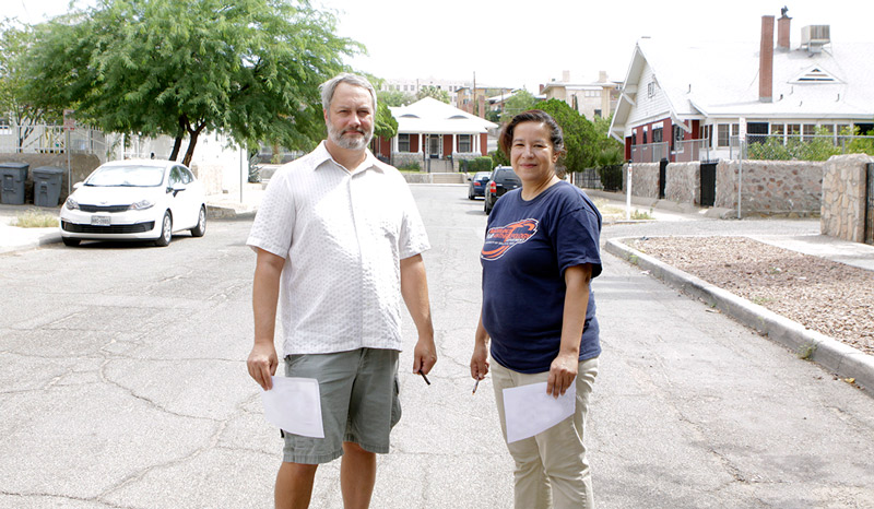 Ted Curry, Ph.D., associate professor of criminal justice, left, and Maria Cristina Morales, Ph.D., associate professor of sociology, were praised for their research into “citizenship profiling.” Teams of UTEP students canvassed neighborhoods throughout El Paso County and asked residents how often law enforcement questioned them about their citizenship. Photo: Laura Trejo/UTEP Communications 