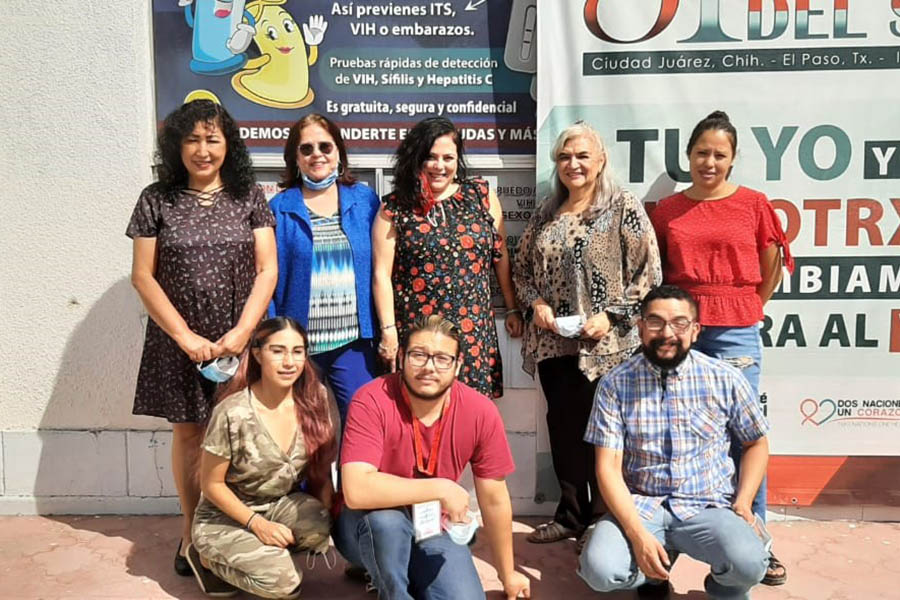 UTEP faculty member Julia Lechuga, Ph.D., will collaborate with Programa Compañeros in Juárez, Mexico, on a study to suppress HIV in people who use drugs in the El Paso-Ciudad Juárez border region. Lechuga, center, is pictured with Programa Compañeros staff members, from left, Maria Elena Ramos, Rebeca Ramos, Maria Luisa Gonzalez and Jocelyn Hernadez. Bottom row, from left, are Luisa Ramos, Alejandro Ortiz and David Montelongo. Photo: Courtesy of Julia Lechuga 