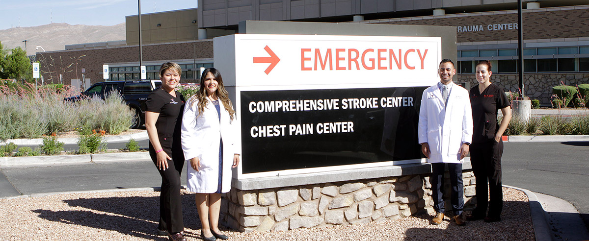 UTEP alumni, from left, Demetria Castrellon, Isabel C. Zuniga, Edwin Lopez and Guillermina Nelson are neurology nurse practitioners in UMC’s Certified Comprehensive Stroke Center, the first and only Level 1 stroke center in West Texas and New Mexico. Photo: Laura Trejo / UTEP Communications 