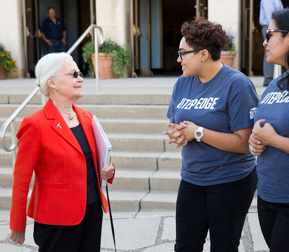 President Natalicio, left, speaks with Daisy Marquez with UTEP Edge. Photo by Ivan Pierre Aguirre / UTEP Communications 