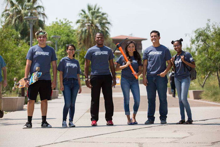 UTEP students gather together on campus in UTEP Edge t-shirts. The UTEP Edge is the University's newest 10-year student success initiative.  