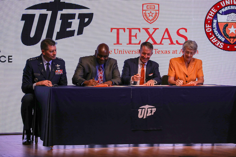 The University of Texas at El Paso and The University of Texas at Austin signed agreements today with the U. S. Space Force to provide advanced research and workforce development for the newest branch of the U.S. Armed Services. The University of Texas System signed an umbrella Memorandum of Understanding with the Space Force as part of the comprehensive agreement. Space Force Vice Chief of Space Operations Gen. David D. Thompson joined Archie Holmes Jr., The University of Texas System Executive Vice Chancellor for Academic Affairs, UT Austin President Jay Hartzell  and UTEP President Heather Wilson,at the signing. 