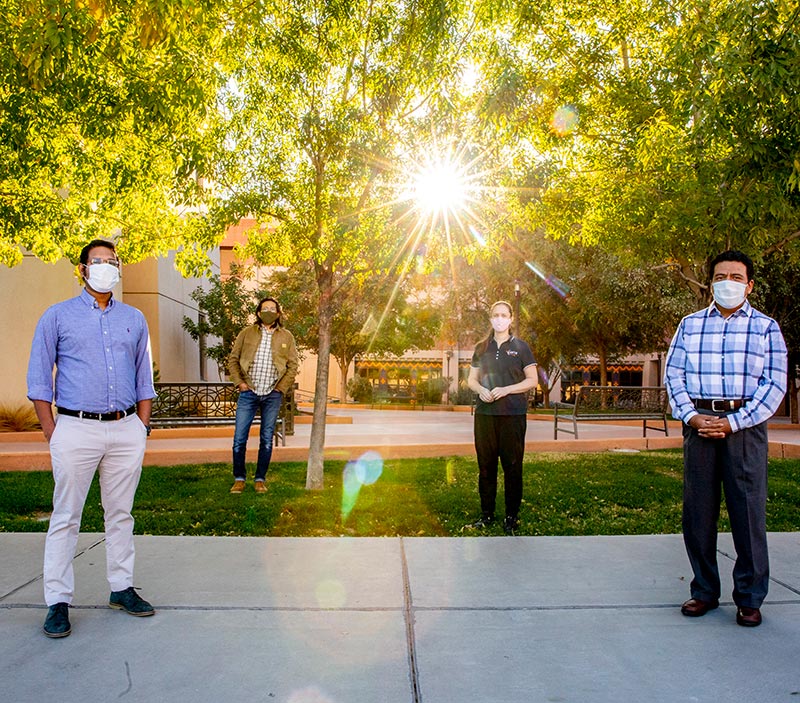 Faculty members, from left, Md Mahamudur Rahman, Ph.D.; Joel Quintana, Ph.D.; Amelia Greig, Ph.D.; and Angel Flores-Abad, Ph.D., are dedicated to stewarding the student-centered mission of The University of Texas at El Paso's Center for Space Exploration and Technology Research  into the future by leveraging their high-level expertise to serve UTEP students through mentoring and training. Photo: Ivan Pierre Aguirre / UTEP Communications 