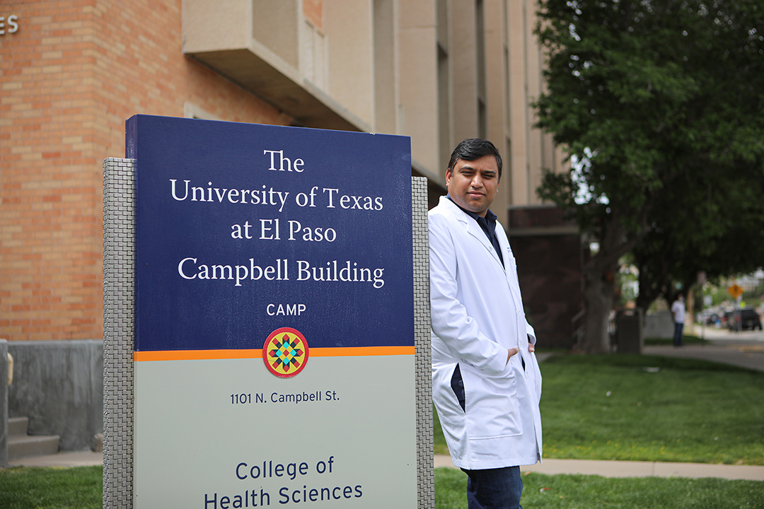 Suman Sirimulla, Ph.D., assistant professor of pharmaceutical sciences at UTEP, is leading a group of experimental researchers to virtually develop the molecular structure of a protease inhibitor that would target the coronavirus, which causes COVID-19, a respiratory illness that can spread from person to person. Photo: JR Hernandez / UTEP Communications 
