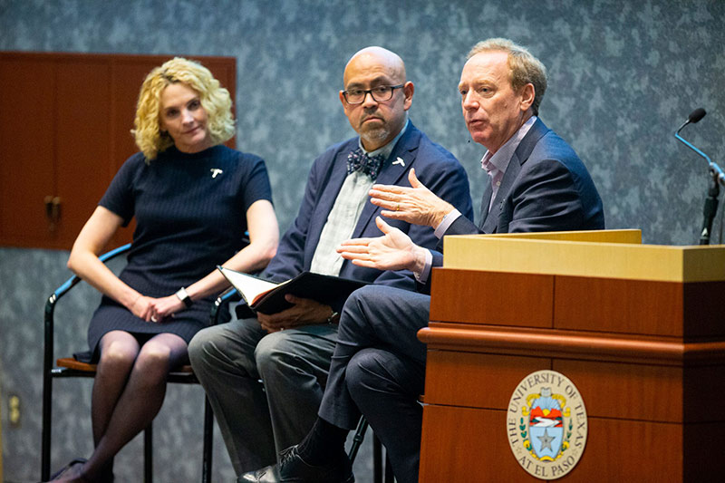 Microsoft President Brad Smith, right, and Carol Ann Browne, left, senior director of communications and external relations at Microsoft, spoke at a Centennial Lecture on Oct. 14, 2019, in the University’s Undergraduate Learning Center. The talk was facilitated by Richard Pineda, Ph.D., associate professor in the UTEP's department of communication. Photo by Ivan Pierre Aguirre / UTEP Communications 