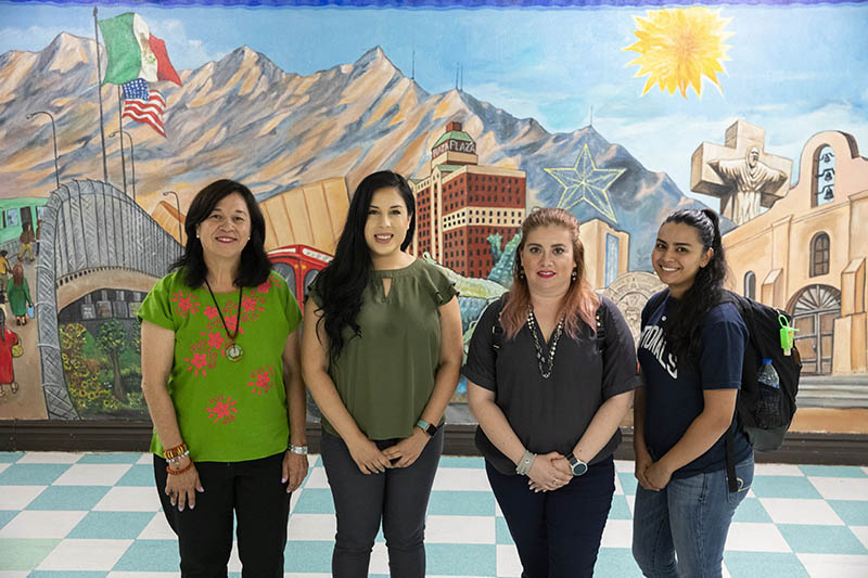 From left, UTEP faculty member Eva Moya, Ph.D., and UTEP students Rosanna Camarena, Rivyann Blount and Daniela Guerra are part of a new Community of Learning initiative at the Opportunity Center for the Homeless. Photo: Ivan Pierre Aguirre/UTEP Communications 