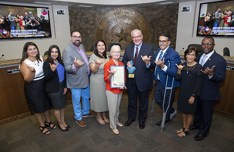 UTEP President Diana Natalicio was named a recipient of the Conquistador Award during the El Paso City Council’s regular meeting Tuesday, Aug. 6, 2019, at City Hall. Photo: Ivan Pierre Aguirre / UTEP Communications 