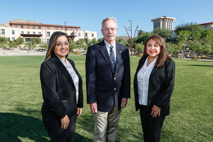 The Office of the Provost and Vice President for Academic Affairs at The University of Texas at El Paso has named Elena Izquierdo, Ph.D., associate professor of bilingual education (right), as UTEP’s 2018-19 Faculty Fellow for the Center for Civic Engagement (CCE). Izquierdo joins Mark Lusk, Ed.D., professor of social work (center), who will serve as a faculty fellow for an additional academic year. CCE Director Azuri Gonzalez is pictured with them. Photo: J.R. Hernandez / UTEP Communications 