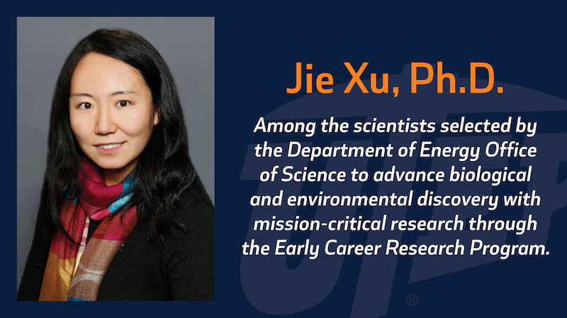 Jie Xu, Ph.D., assistant professor of earth, environmental and resource sciences at The University of Texas at El Paso is one of 83 scientists from throughout the nation selected by the Department of Energy Office of Science to receive significant funding for research through its Early Career Research Program. 