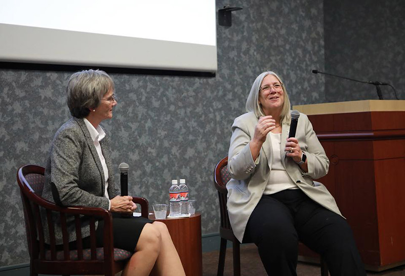 Susan M. Gordon (right), the former Principal Deputy Director of National Intelligence, spoke with UTEP President Heather Wilson about her extensive career in the intelligence community during her Centennial Lecture, titled 'How I Joined the CIA,' on Monday, Dec. 9, 2019, in the Undergraduate Learning Center. 