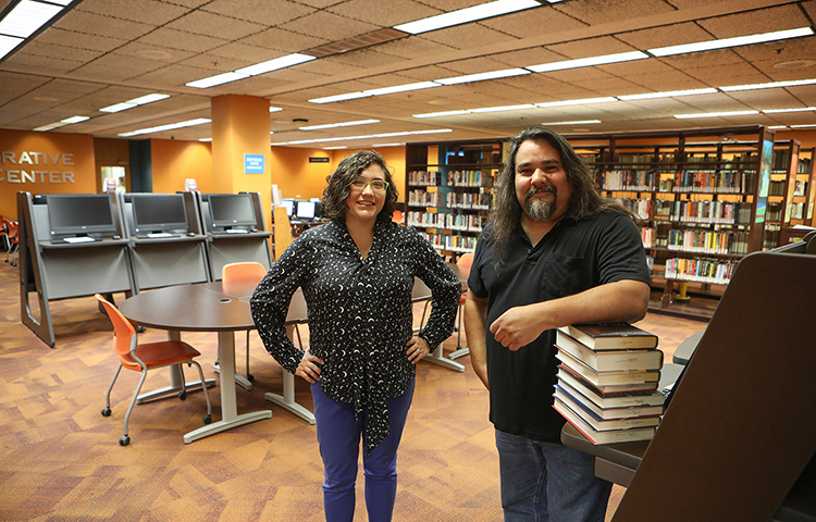 Steve Varela, associate director of UTEP’s Academic Technologies, and Angela Lucero, scholarly communication librarian are part of a team working to develop Open Educational Resources. Photo J.R. Hernandez / UTEP Communications 