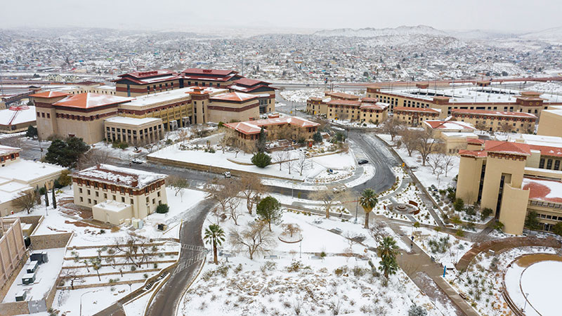 In-person activities at The University of Texas at El Paso will be delayed until 10 a.m. on Monday, Feb. 15, 2021 due to inclement weather. Photo: Ivan Pierre Aguirre / UTEP Communications 