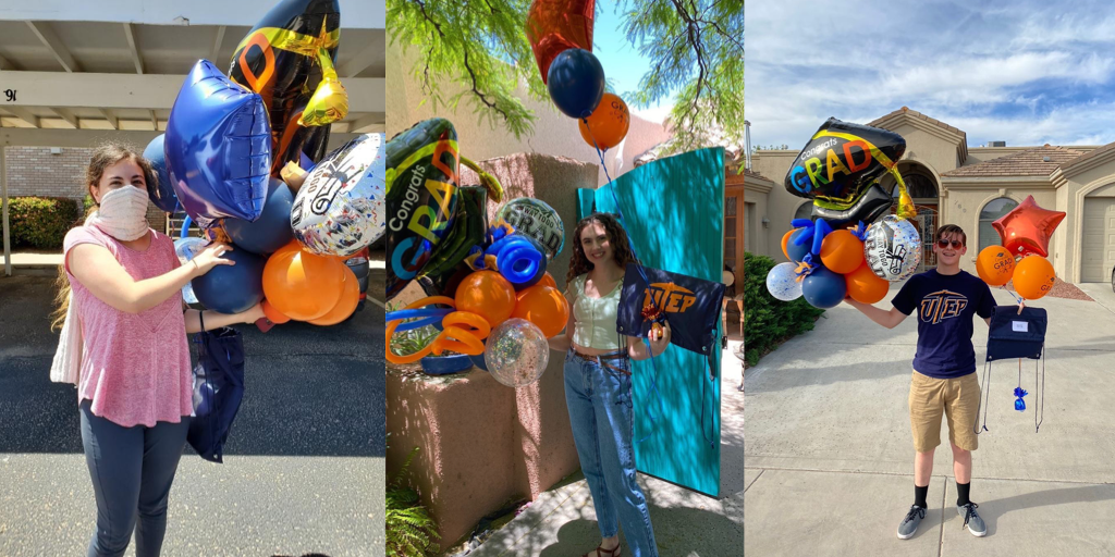 Dozens of area high school seniors are receiving a special delivery of congratulatory balloons and branded gifts this week and next from UTEP. The effort coincides with GenTX Virtual Decision Day on May 1, which is coordinated by the Texas Higher Education Coordinating Board to celebrate students for their postsecondary plans. Photos: Courtesy of Balloonsve 