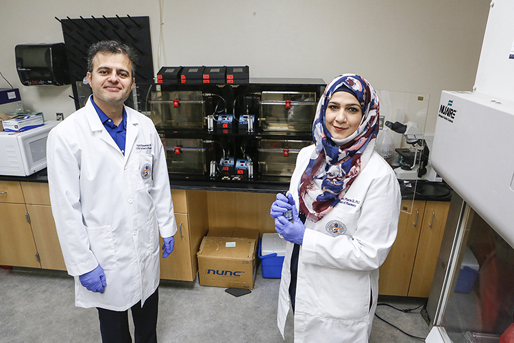 Fadi Khasawneh, B.Pharm., Ph.D, and Fatima Z. Alshbool, Pharm.D., Ph.D., are married researchers in UTEP's School of Pharmacy who specialize in thirdhand smoke and vaping. Photo: J.R. Hernandez/UTEP Communications.