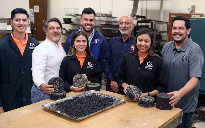 Researchers from The University of Texas at El Paso’s Center for Transportation Infrastructure Systems (CTIS) will partner with The University of Texas at Austin’s Center for Transportation Research on a $494,000 award from the Texas Department of Transportation to create realistic conditions for assessment of asphalt mixtures in an effort to enhance their durability. The researchers photographed in February 2020 include, left to right: Ephraim Morales, undergraduate research assistant, Imad Abdallah, executive director of CTIS, Paulina Estrada, undergraduate research assistant, Victor Garcia, CTIS research associate, Soheil Nazarian, Ph.D., professor of civil engineering, Helena Mascorro, undergraduate research assistant and Benjamin Arras, Ph.D., research associate. Photo: Laura Trejo / UTEP Communications 