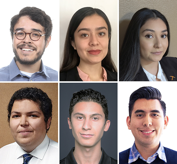 The National Science Foundation's Graduate Research Fellowships Program recently announced that it accepted four students and two alumni from The University of Texas at El Paso into its program that funds individuals who plan to pursue graduate degrees in certain STEM fields. The 2021 awardees with UTEP ties are clockwise from top left, David Esparza, Alma Idali Hernández, Rubyann Olmos, Gerardo Estrada Zavala, Sebastian Vargas and Arturo Rodriguez.  