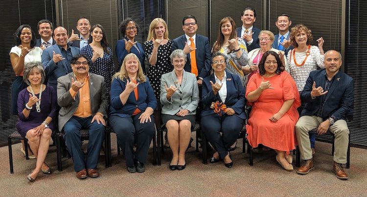Each August marks a transition for the UTEP Alumni Association as one board president steps down and another takes the helm. Traditionally, that event is commemorated with a “Passing of the Gavel” ceremony. This year’s transition, however, is more symbolic since the physical event cannot take place due to the COVID-19 pandemic.  This photo was taken at the 2019 ceremony. 