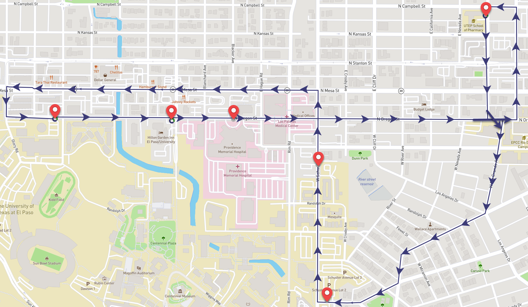 East (Blue) Route map showing six stops: Campbell, Prospect, Miner Heights, Oregon, University East, and University Towers