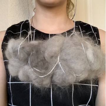 Jessica Jessica, Husky Cloud, dog fur, string, chain, wire, 12 in x 6 in x 3 in, 2020.