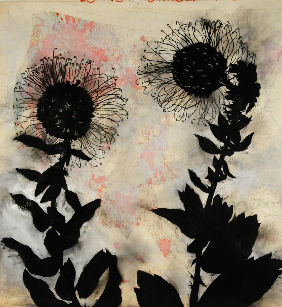 Image Credit: Sierra Madera Disturbance, 48” x 45”, found map w/ charcoal, gesso, 1994.