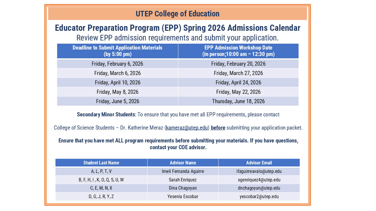 Listed are the EPP admission dates offered by the College of Education