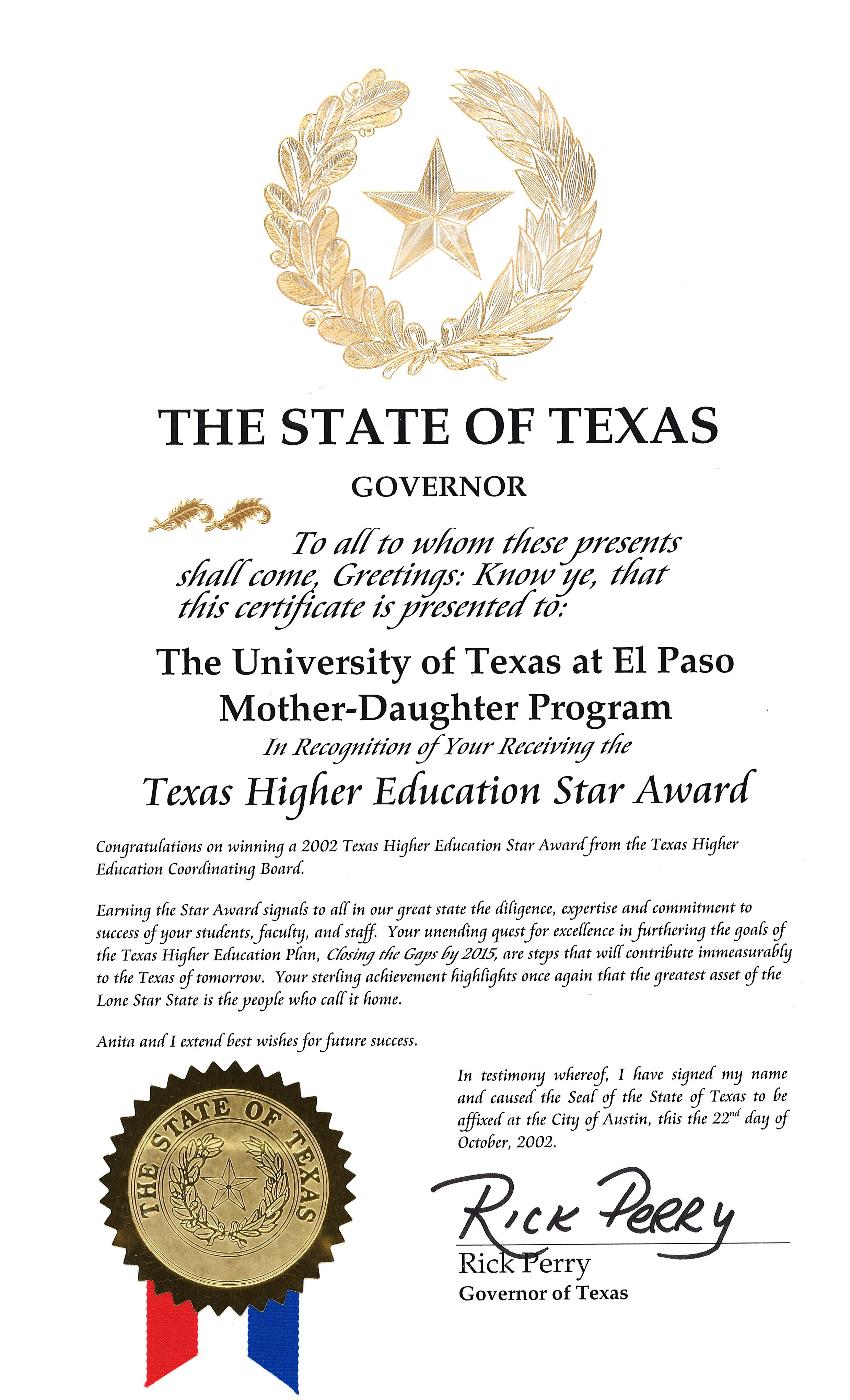 Texas Higher Education Star Award